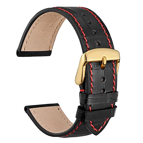 WOCCI 18mm Uhrenarmband Leder für Damen und Herren, Geprägtes Alligator, Goldene Schnalle (Schwarz mit Roten Nähten) von WOCCI