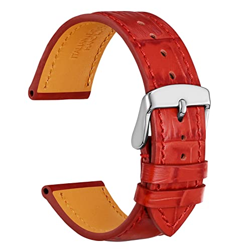 WOCCI 18mm Uhrenarmband Leder für Damen und Herren, Geprägtes Alligator, Silberne Schnalle (Rot) von WOCCI