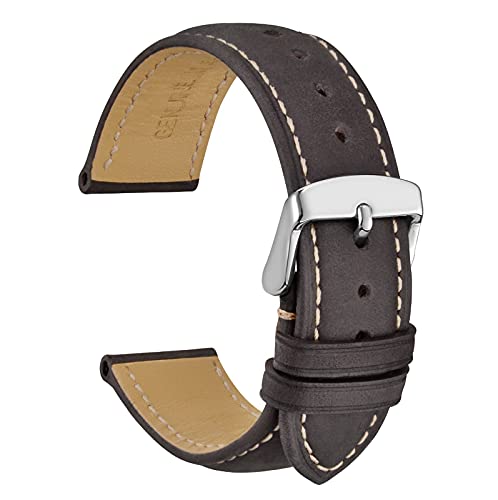 WOCCI 18mm Uhrenarmband aus Echtem Leder mit Silberner Schnalle (Kaffee Schwarz mit Beige Nähten) von WOCCI