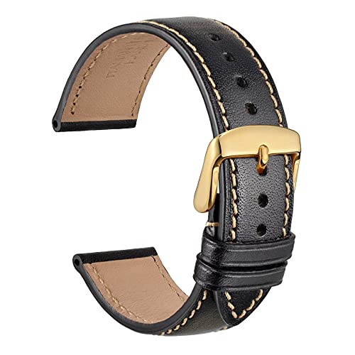 WOCCI 18mm Uhrenarmband mit Gold Schnalle, Italien Voll Korn Leder (Schwarz) von WOCCI