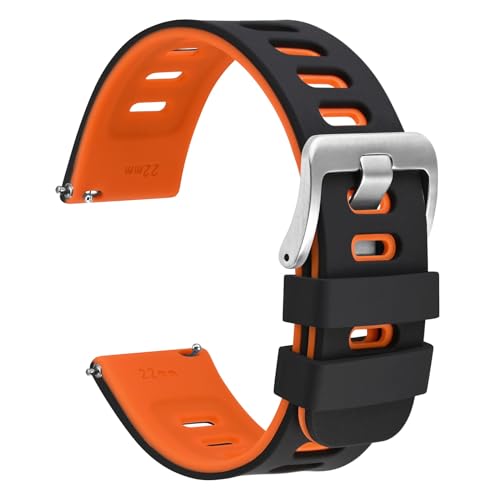 WOCCI 18mm Zweifarbig Uhrenarmband, Silikon Kautschuk, Ersatzband für Herren und Damen, Silberne Edelstahlschnalle (Schwarz-Orange) von WOCCI