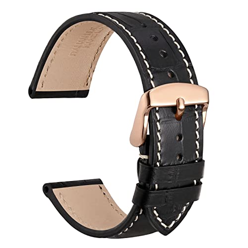 WOCCI 19mm Uhrenarmband Leder für Damen und Herren, Geprägtes Alligator, Roségoldene Schnalle (Schwarz mit Beige Nähten) von WOCCI