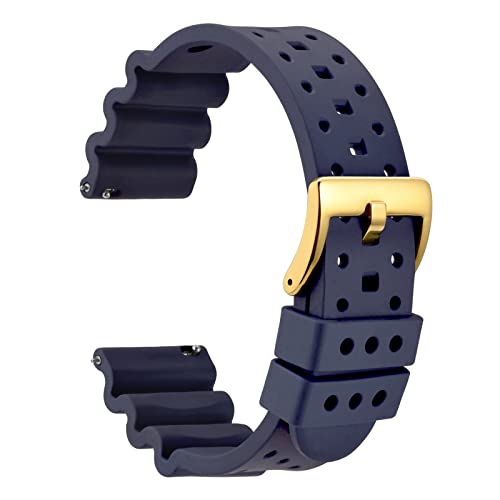 WOCCI 20mm Belüftete FKM Gummi Uhrenarmband für Herren (Nicht Silikon), Schnellverschluss Armband, Gold Schnalle (Navy Blau) von WOCCI