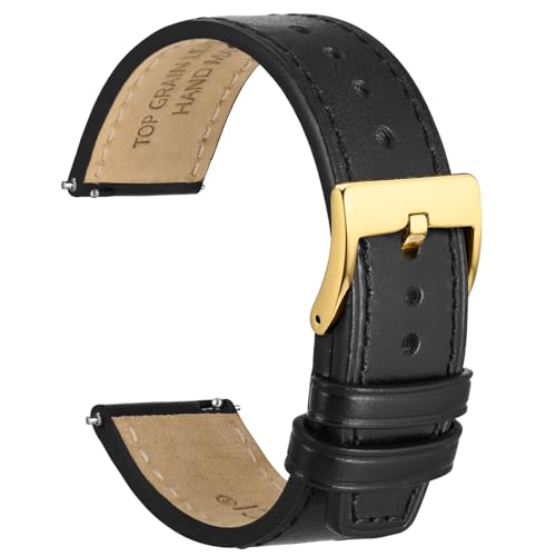 WOCCI 20mm Elite Uhrenarmband, Top Grain Leder, Schnellverschluss, Goldener Schnalle (Schwarz) von WOCCI