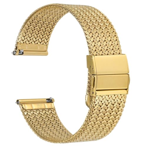WOCCI 20mm Elite Uhrenarmband aus Metall für Damen und Herren, Gewebtes Mesh Armband, 316L Edelstahl, Schnellverschluss, Verbesserte Faltschließe (Golden) von WOCCI