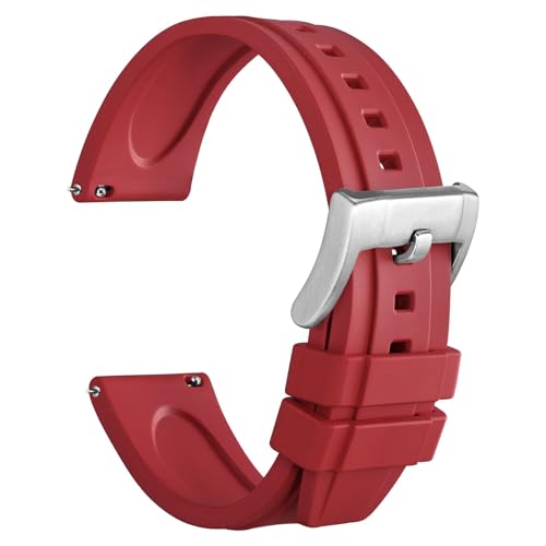 WOCCI 20mm Hevea Uhrenarmband für Herren, FKM Gummi Armband, Schnellverschluss, Silberne Schnalle Rot von WOCCI