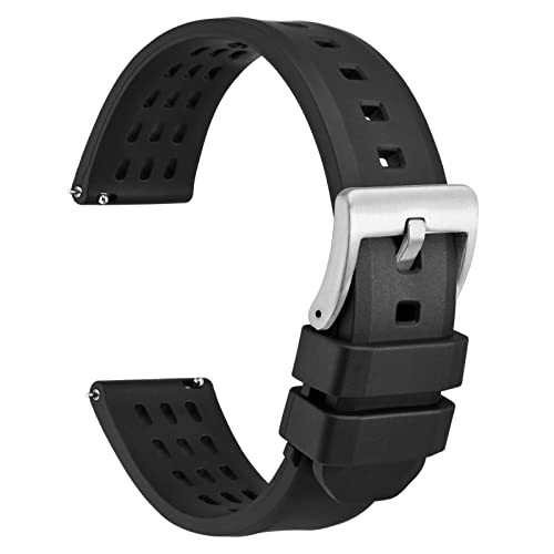 WOCCI 20mm Rallye Uhrenarmband, FKM Gummi Armband, Schnellverschluss, Silberne Gebürstete Schnalle (Schwarz) von WOCCI