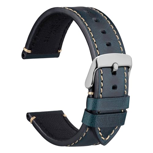 WOCCI 20mm Uhrenarmband für Business Uhren, Pull Up Leder, Polierte Silber Schließe (Mitternachtsblau) von WOCCI