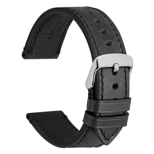WOCCI 20mm Uhrenarmband für Business Uhren, Pull Up Leder, Polierte Silber Schließe (Schwarz) von WOCCI