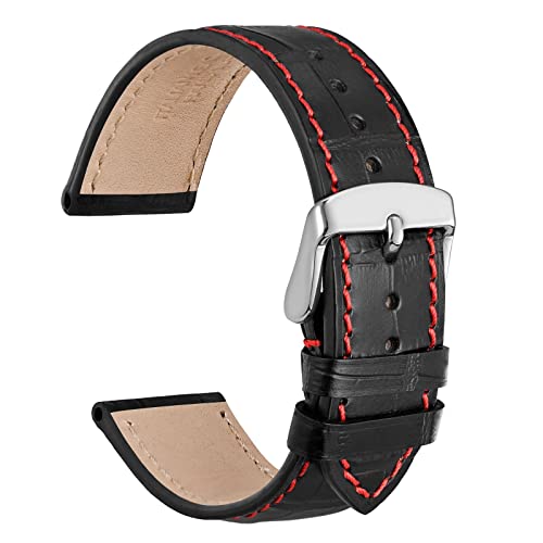 WOCCI 21mm Uhrenarmband Leder für Damen und Herren, Geprägtes Alligator, Silberne Schnalle (Schwarz mit Roten Nähten) von WOCCI