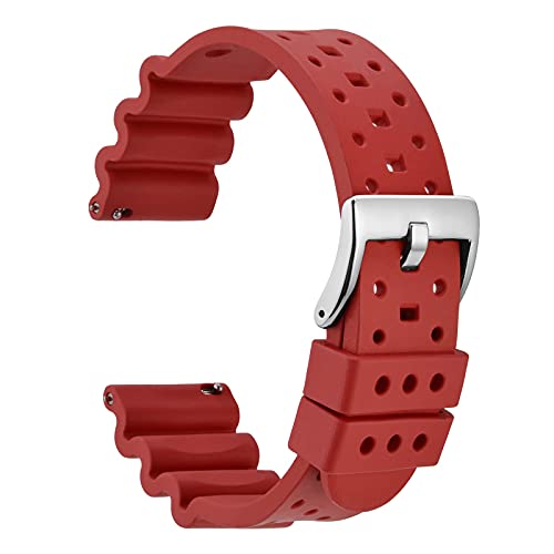 WOCCI 22mm Belüftete FKM Gummi Uhrenarmband für Herren (Nicht Silikon), Schnellverschluss Armband, Silberner Schnalle (Rot) von WOCCI