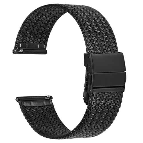 WOCCI 22mm Elite Uhrenarmband aus Metall für Damen und Herren, Gewebtes Mesh Armband, 316L Edelstahl, Schnellverschluss, Verbesserte Faltschließe (Schwarz) von WOCCI