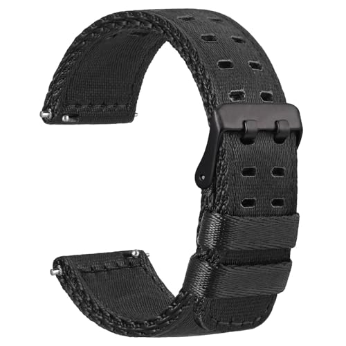 WOCCI 22mm Nylon Uhrenarmband für Herren, Seidiges Nylon mit Doppellöchern, Schwarze Schnalle (Schwarz) von WOCCI