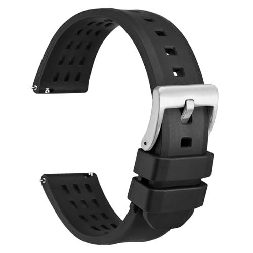 WOCCI 22mm Rallye Uhrenarmband, FKM Gummi Armband, Schnellverschluss, Silberne Gebürstete Schnalle (Schwarz) von WOCCI