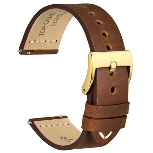 WOCCI 24mm Antikes Uhrenarmband für Herren, Sattelleder, Goldener Schnalle (Karamellbraun) von WOCCI