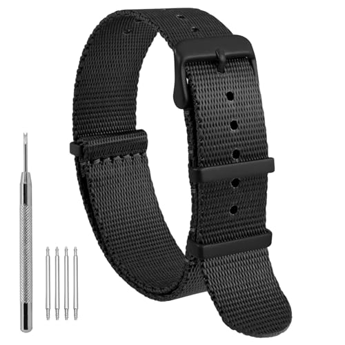 WOCCI 24mm Militär Nylon Uhrenarmband, Einteiliges Nylon Armband für Damen und Herren, Schwarze Schnalle (Schwarz) von WOCCI
