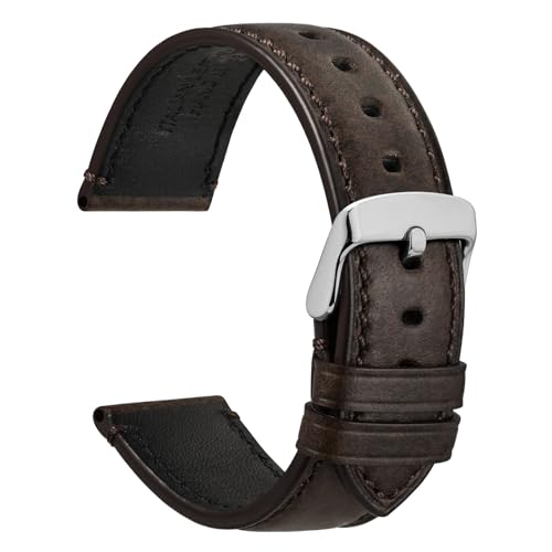 WOCCI 24mm Uhrenarmband für Business Uhren, Pull Up Leder, Polierte Silber Schließe (Taupe Braun) von WOCCI