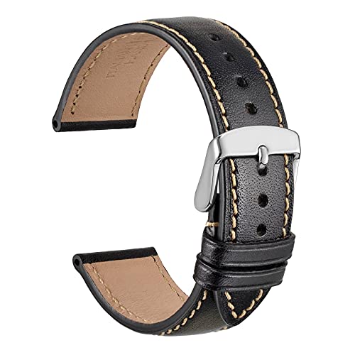 WOCCI 22mm Uhrenarmband mit Silber Schnalle, Italien Voll Korn Leder (Schwarz) von WOCCI