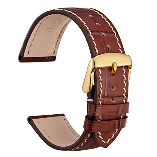 WOCCI 18mm Uhrenarmband Leder für Damen und Herren, Geprägtes Alligator, Goldene Schnalle (Braun mit Beige Nähten) von WOCCI