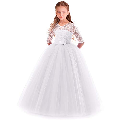 WOCINL Blumenmädchen 3/4 Ärmel Floral Spitze Bodenlang Kleid Prinzessin Festzug Geburtstag Party Hochzeit Kommunion Abend Tüll Ballkleid Gr. 9-10 Jahre, weiß von WOCINL