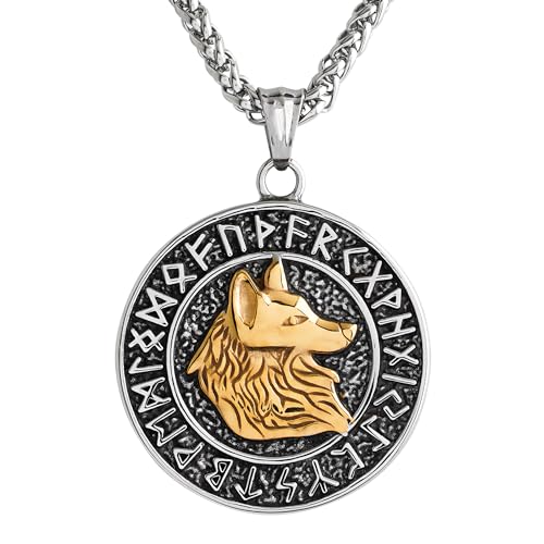 WODANICA Wolfskopf Halskette Anhänger Edelstahl Wikinger Nordic Viking Norse Runen Kelten Germanen Biker (Gold) von WODANICA