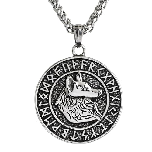 WODANICA Wolfskopf Halskette Anhänger Edelstahl Wikinger Nordic Viking Norse Runen Kelten Germanen Biker (Silber) von WODANICA