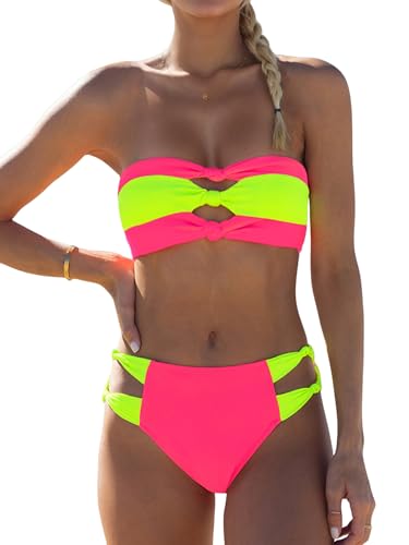 WODECASA Damen Colorblock Bandeau-Bikini-Set Knotenausschnitt zweiteiliger Badeanzug Bademode mit abnehmbaren Schultergurten, 192 Hot Pink + Neongelb, S WODECASA Damen Colorblock Bandeau-Bikini-Set Knotenausschnitt zweiteiliger Badeanzug Bademode mit abnehmbaren Schultergurten, 192 Hot Pink + Neongelb, S von WODECASA
