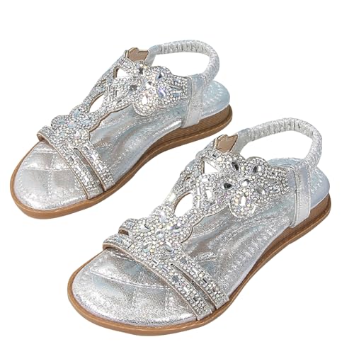 WOFANLULY Mädchen Leder Sandalen Kleinkind Sommerschuhe Mädchen Sandales Blume Glitzer Strass（Silber,29） von WOFANLULY