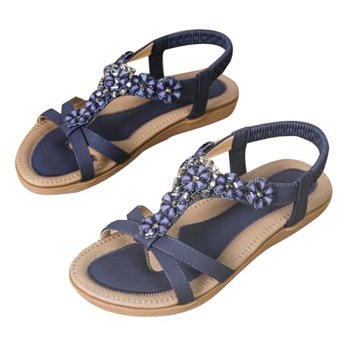 WOFANLULY Sandalen Damen Freizeit Flach Sandalette mit Strass Perlen Bohemia Strand Schuhe Casual Ankle Elastic Sommer Flache Schuhe（Marine,EU SIZE 42） von WOFANLULY