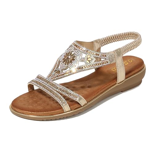WOFANLULY Sandalen Damen Freizeit Flach Sandalette mit Strass Perlen Freizeit Damen Strand Schuhe Sandalen（Gold,EU SIZE 41） von WOFANLULY