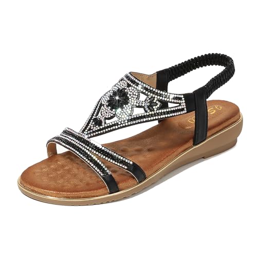 WOFANLULY Sandalen Damen Freizeit Flach Sandalette mit Strass Perlen Freizeit Damen Strand Schuhe Sandalen（Schwarz,EU SIZE 38） von WOFANLULY