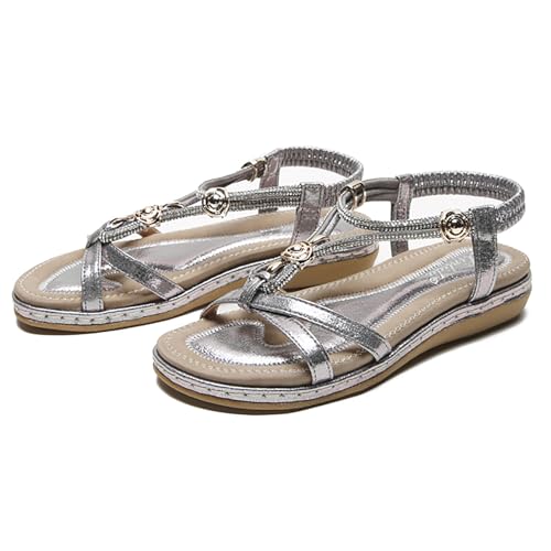 WOFANLULY Sandalen Damen Freizeit Flach Sandalette mit Strass Perlen Freizeit Damen Strand Schuhe Sandalen（Silber,EU SIZE 38） von WOFANLULY
