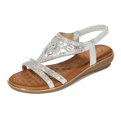 WOFANLULY Sandalen Damen Freizeit Flach Sandalette mit Strass Perlen Freizeit Damen Strand Schuhe Sandalen（Silber,EU SIZE 41） von WOFANLULY