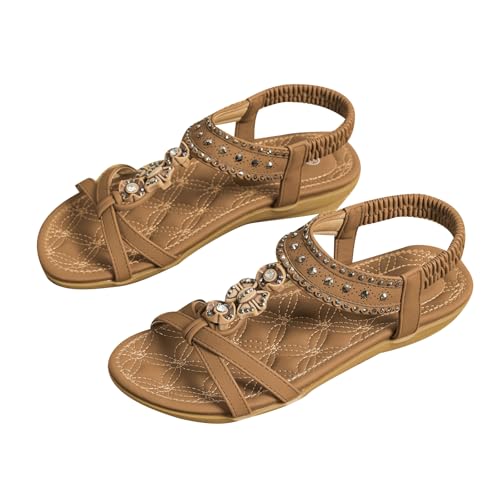 WOFANLULY Sandalen Damen Freizeit Sandalette mit Strass Perlen Bohemia Strand Schuhe Casual Ankle Elastic Sommer Outdoor Flache Schuhe（Braun,EU SIZE 38） von WOFANLULY