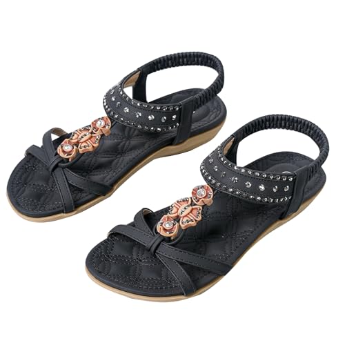 WOFANLULY Sandalen Damen Freizeit Sandalette mit Strass Perlen Bohemia Strand Schuhe Casual Ankle Elastic Sommer Outdoor Flache Schuhe（Schwarz,EU SIZE 37） von WOFANLULY