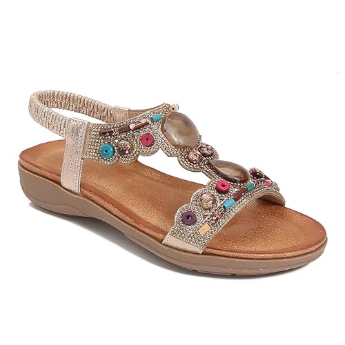 WOFANLULY Sandalen Damen Freizeit Sandalette mit Strass Perlen Bohemia Strand Schuhe Casual Ankle Elastic Sommer Outdoor Urlaub Flache Schuhe（Gold,EU SIZE 38） von WOFANLULY