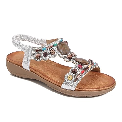 WOFANLULY Sandalen Damen Freizeit Sandalette mit Strass Perlen Bohemia Strand Schuhe Casual Ankle Elastic Sommer Outdoor Urlaub Flache Schuhe（Silber,EU SIZE 40） von WOFANLULY