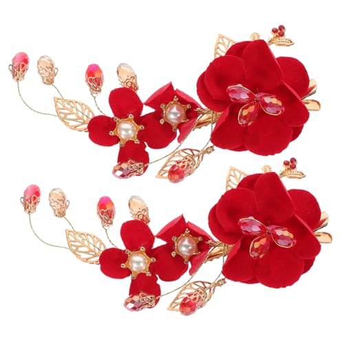 2St rote Haarnadelkurve Hochzeitskopfschmuck chinesische Haarspange hair clips for women brauthaatschmuck Toast-Kleidung Stirnband Blüte Haarschmuck Brautjungfer Seitenclip Metall von WOFASHPURET