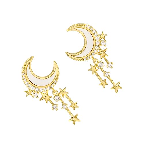 WOFASHPURET Ohrringe für Damen S925 Silber Stern Mond Ohrstecker Strass Quaste Modeschmuck für Das Tägliche Outfit von WOFASHPURET