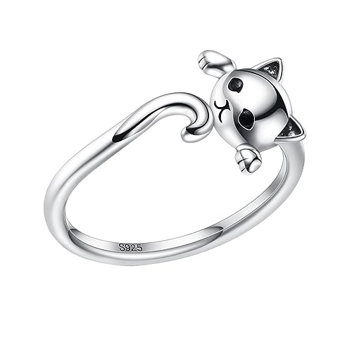 WOFASHPURET 1 Stück Sterling Silber Spaltring Damenringe Schmuck Frauen Tierring Katzenringe Katze Offener Ring 925 Sterling Silber von WOFASHPURET