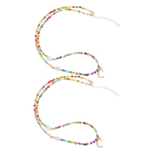 WOFASHPURET 2 Stück Boho Perlenkette Damen Bunte Beaded Choker Halskette mit Buchstaben C Anhänger Trendiger Trachtenschmuck Individuell Farbenfroh und Hautfreundlich von WOFASHPURET