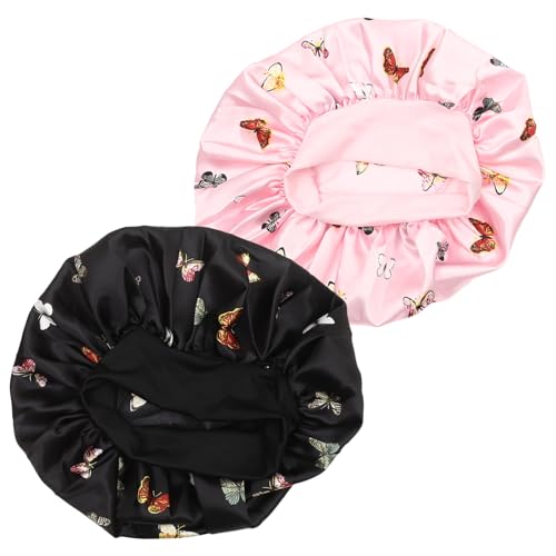 WOFASHPURET 2 Stück Satin Schlafhaube für Damen Haarhaube für Make Up Spa und Nächtlichen Schutz für Lange und Kurze Haare Wiederverwendbar Schwarz und Rosa von WOFASHPURET