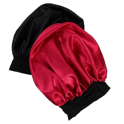 WOFASHPURET 2Stücke Satin Schlafhaube für Damen Breiter Rand Elastische Duschkappen Weinrot und Multifunktional Chemohut für Nachtpflege alle Haartypen von WOFASHPURET