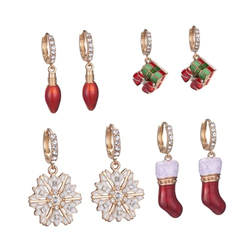 WOFASHPURET 4 Paare Weihnachts Ohrringe Weihnachts Ohrringe mit Anhängern Weihnachtsstrumpf Schneeflocke Roter LED Schmuck für Festliche Damen von WOFASHPURET