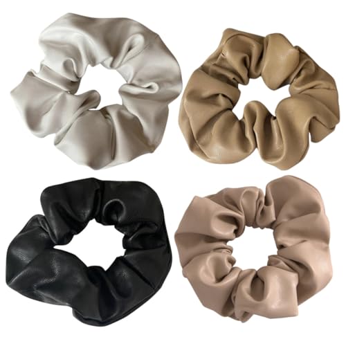 WOFASHPURET 4 Stück Elegante Pu leder Haargummis Elastische Haarschleifen in Weiß Schwarz Khaki Dunkelbraun Kleine Haarbänder für Frauen und Mädchen Modische Ponytail Halter Minimalistisches von WOFASHPURET