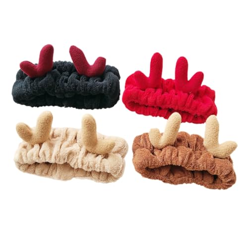 WOFASHPURET 4 Stück Teiliges Elastisches Haarschmuck mit Niedlichen Weihnachts Hirschgeweih Designs Weiche Stoffhaarbänder für Make Up und Duschen Hautfreundlich Farblich Sortiert für Damen von WOFASHPURET