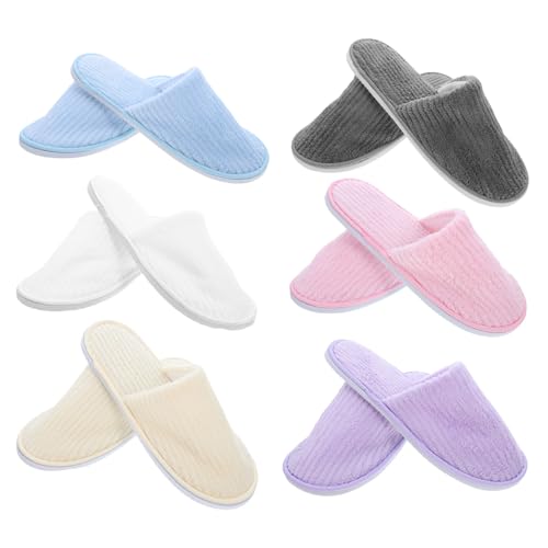 WOFASHPURET 6 Paare Hotel Gästeschuhe aus Rutschfestem Korallenfleece Geschlossene Zehen Waschbar Leichte Indoor Slipper in Bunten Farben für Spa Reise und Zuhause von WOFASHPURET