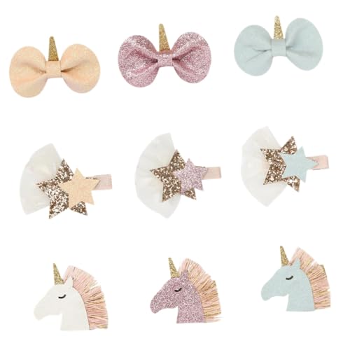 WOFASHPURET 9 Stück Teiliges Einhorn Haarklammern für Mädchen Süße Glitzer Schleifen Sterne Schonend Vielseitig für Kurze Lange Haare für Partys Halloween Geburtstage und Alltagslooks von WOFASHPURET