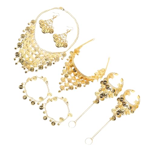 WOFASHPURET Bauchtanz Schmuck Set Goldfarben Leichtes Tanzschmuck Set Für Frauen Mit Kopfkette Halskette Armbändern Und Ohrringen Für Bühnenauftritte Festival Karneval von WOFASHPURET