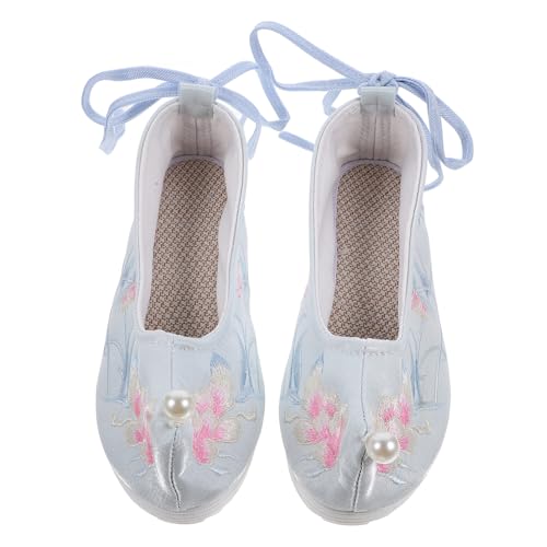 WOFASHPURET Bestickte Hanfu Schuhe Damen mit Verstecktem Keilabsatz Leichte Stoffschuhe in Hellblau Traditionelles Chinesisches Design rutschfeste Gummisohle Modische Retro Baumwollschuhe von WOFASHPURET